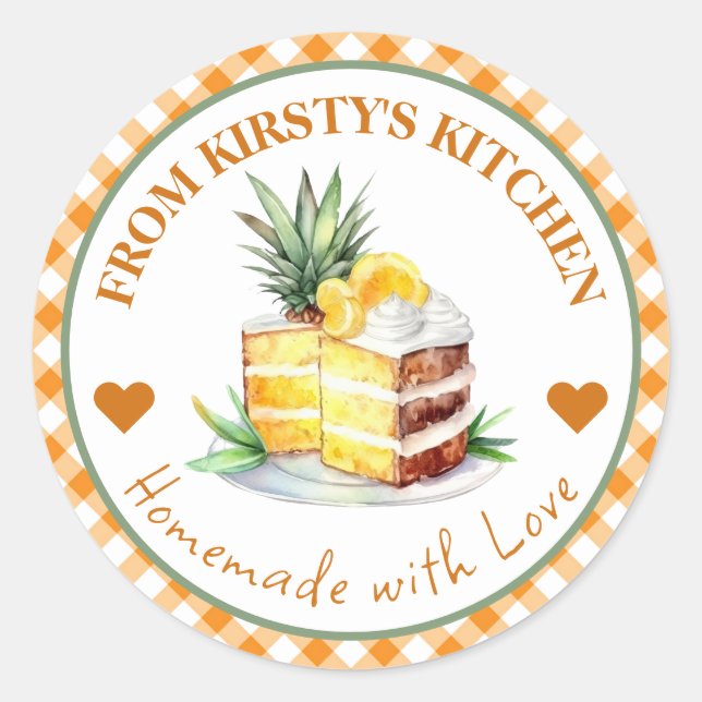 Watercolor Homemade Gingham Pineapple Cake Label (Front)
