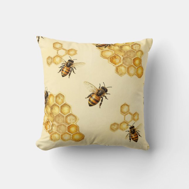 Watercolor Honey Bee Honeycomb Pattern Cushion (Front)