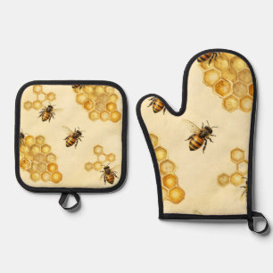 Watercolor Honey Bee Honeycomb Pattern Oven Mitt & Pot Holder Set