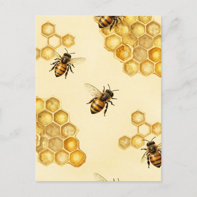 Watercolor Honey Bee Honeycomb Pattern Postcard (Front)