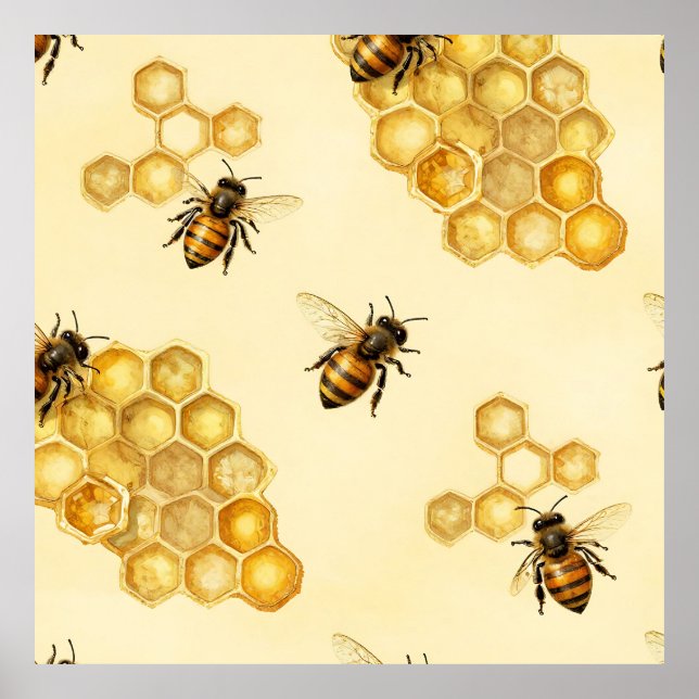 Watercolor Honey Bee Honeycomb Pattern Poster (Front)