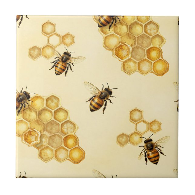 Watercolor Honey Bee Honeycomb Pattern Tile (Front)
