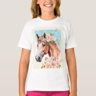 Watercolor Horse and Flowers Art Girls T-Shirt