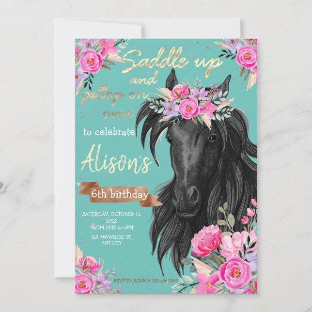 Watercolor horse birthday cowgirl invitation (Front)