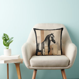 Watercolor Horse Cream, Black, Tan, Throw Pillow