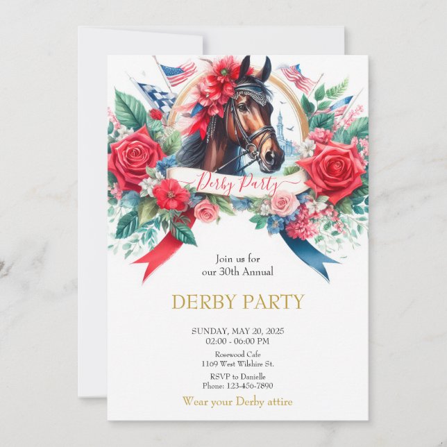 Watercolor horse Derby Party invitations (Front)