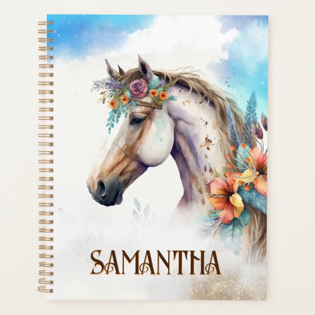 Watercolor horse head tropical boho flowers name planner (Front)