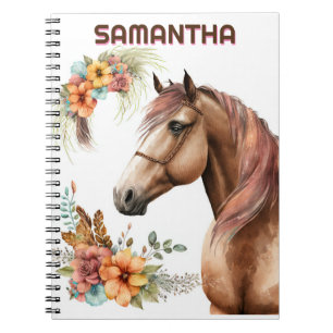 Watercolor horse head with floral bouquet flowers notebook