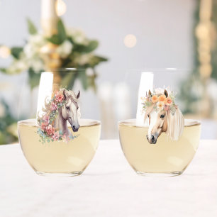Watercolor Horse Heads With Floral Wreaths Stemless Wine Glass