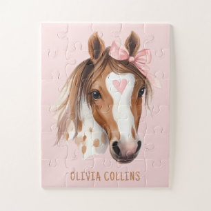 Watercolor Horse Pink Bow Girls Unique Cute Kids Jigsaw Puzzle