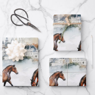 Watercolor Horse Portrait with Pastel Background Wrapping Paper Sheet