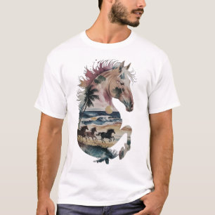 Watercolor Horse Silhouette Tropical Ocean Sunset T-Shirt