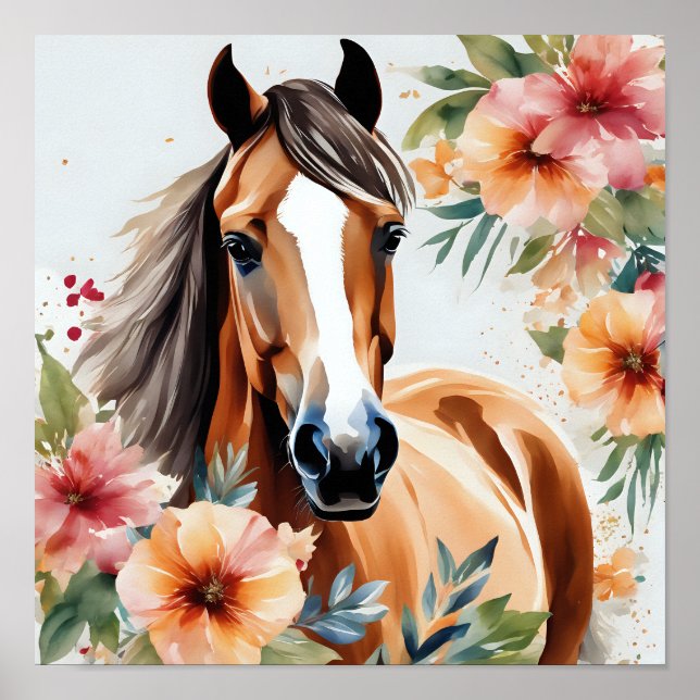 Watercolor Horse Surrounded by Flowers Poster (Front)