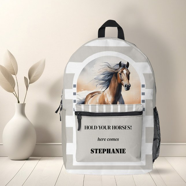 Watercolor Horse Tan Modern Printed Backpack (Modern backpack featuring a watercolor painting of a wild running horse on grey tan white stripes)