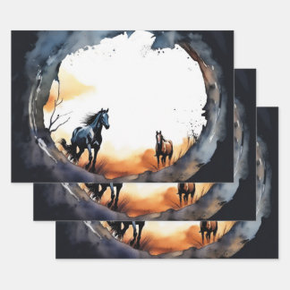 Watercolor Horses and Sunset Silhouette Wrapping Paper Sheet