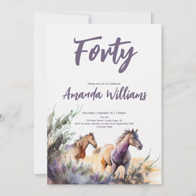 Watercolor Horses Fortieth Birthday Invitation (Front)