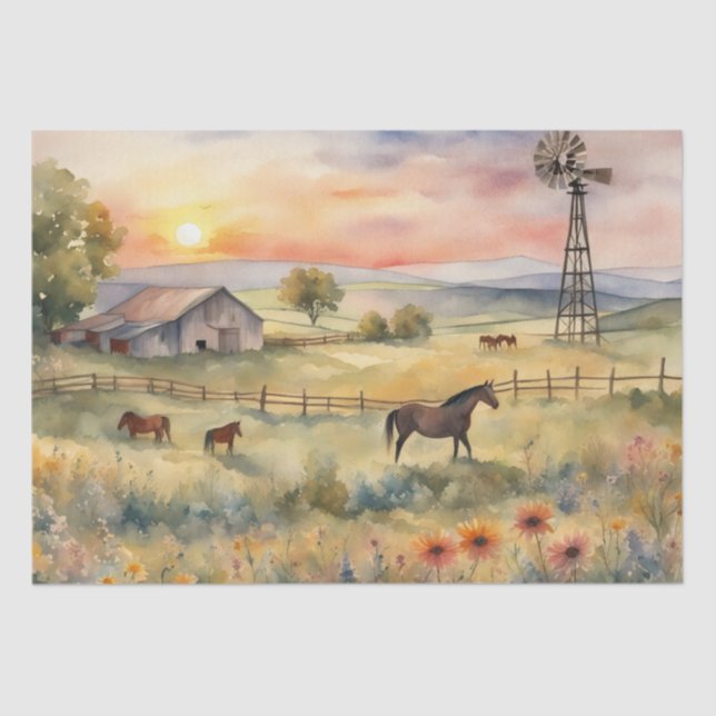 Watercolor Horses in Field of sunflowers Tissue Paper (Front)