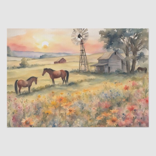 Watercolor Horses in Field of sunflowers Tissue Paper (Front)