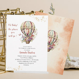 Watercolor Hot Air Ballon Rust Flower  baby shower Invitation