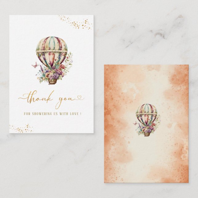 Watercolor Hot Air Ballon rust  gold   thank you Card (Front/Back)