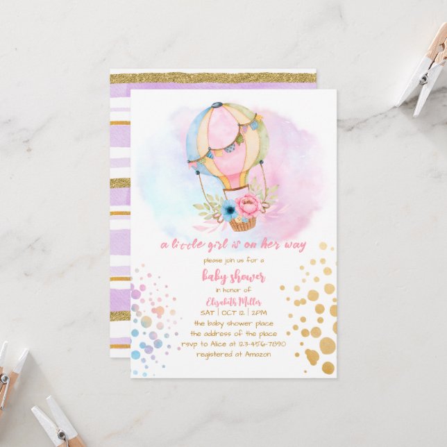 Watercolor Hot Air Balloon Baby Girl Shower Invitation (Front/Back In Situ)