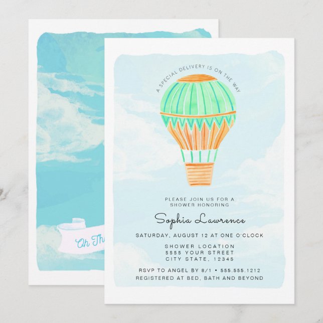 Watercolor Hot Air Balloon Baby Shower Invitation (Front/Back)