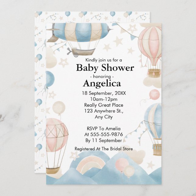 Watercolor Hot Air Balloon Baby Shower  Invitation (Front/Back)
