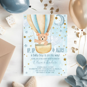 Watercolor Hot Air Balloon Bear Boy Baby Shower In Invitation