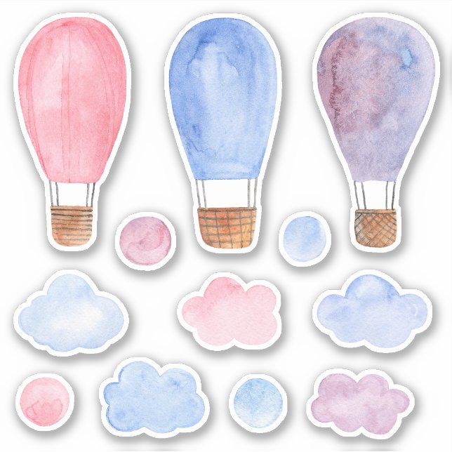 Watercolor hot air balloon. Pink, blue and purple (Front)