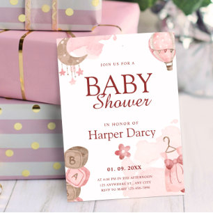 Watercolor Hot Air Balloon Pink Girl Baby Shower Invitation