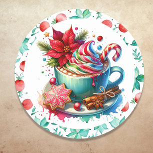 Watercolor Hot Cocoa, Candy Cane  Cinnamon Sticks Classic Round Sticker