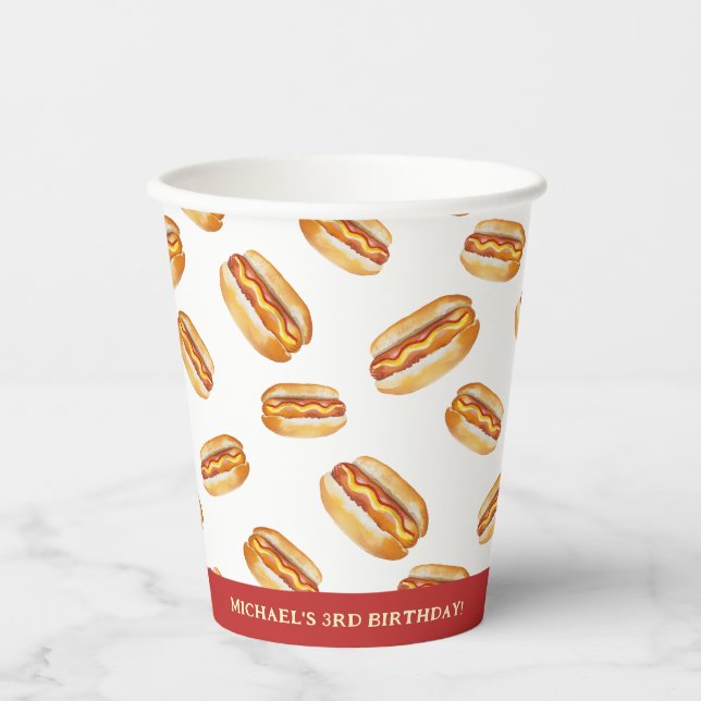 Watercolor Hot Dog Birthday Paper Cups – Kids Cook (Front)