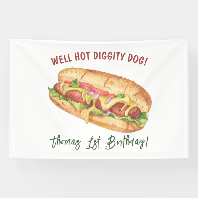 Watercolor Hot Dog Kids Birthday Banner (Horizontal)