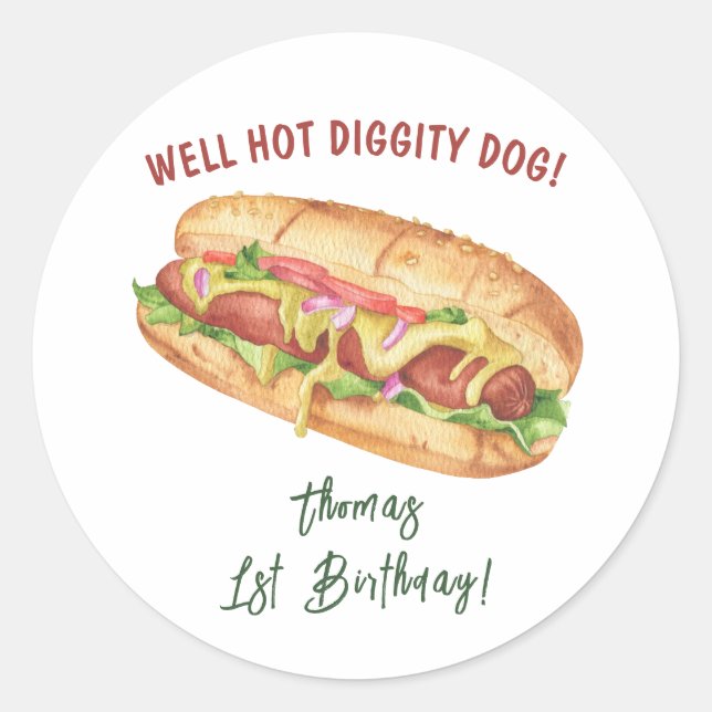 Watercolor Hot Dog Kids Birthday Classic Round Sticker (Front)