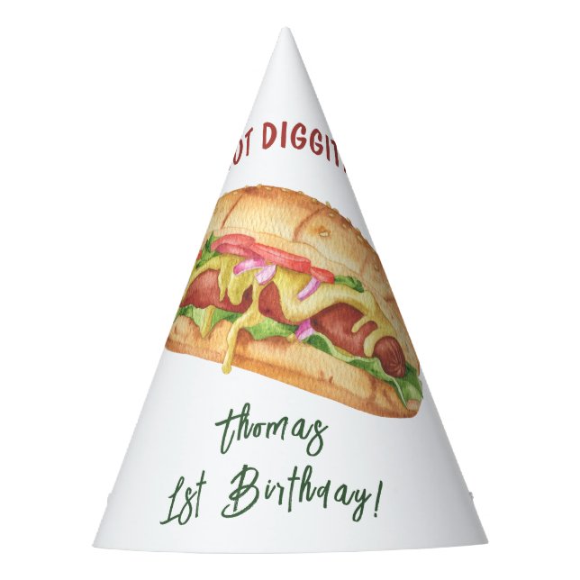 Watercolor Hot Dog Kids Birthday Party Hat (Front)