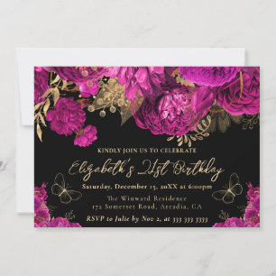 Watercolor Hot Pink and Gold Flowers 21st Birthday Invitation