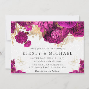 Watercolor Hot Pink and Gold Flowers Wedding Invitation
