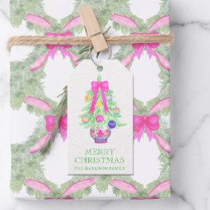 Watercolor Hot Pink Bow Ginger Jar Christmas Gift Gift Tags