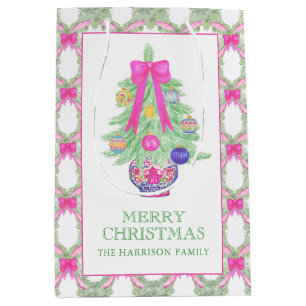 Watercolor Hot Pink Bow Ginger Jar Christmas Medium Gift Bag