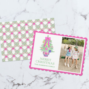 Watercolor Hot Pink Bow Ginger Jar Christmas Photo Holiday Card