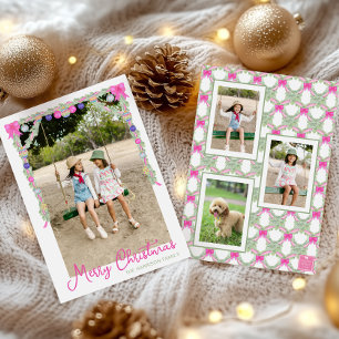 Watercolor Hot Pink Bows Garland Christmas Photo Holiday Card