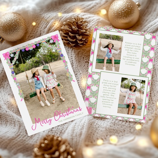 Watercolor Hot Pink Bows Garland Christmas Photo Holiday Card (Creator Uploaded)