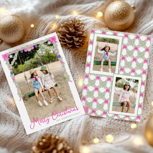 Watercolor Hot Pink Bows Garland Christmas Photo Holiday Card