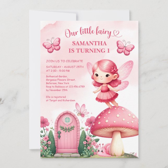 Watercolor hot pink fairy garden party girl invitation (Front)