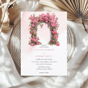 Watercolor hot pink magenta roses wedding arch invitation