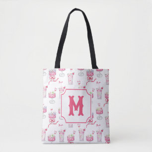 Watercolor Hot Pink Mahjong Cocktails Monogram Tote Bag