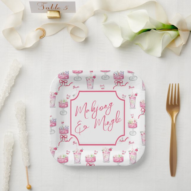 Watercolor Hot Pink Mahjong Cocktails Paper Plate (Wedding)