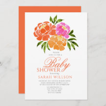 Watercolor Hot Pink Orange Floral Baby Shower
