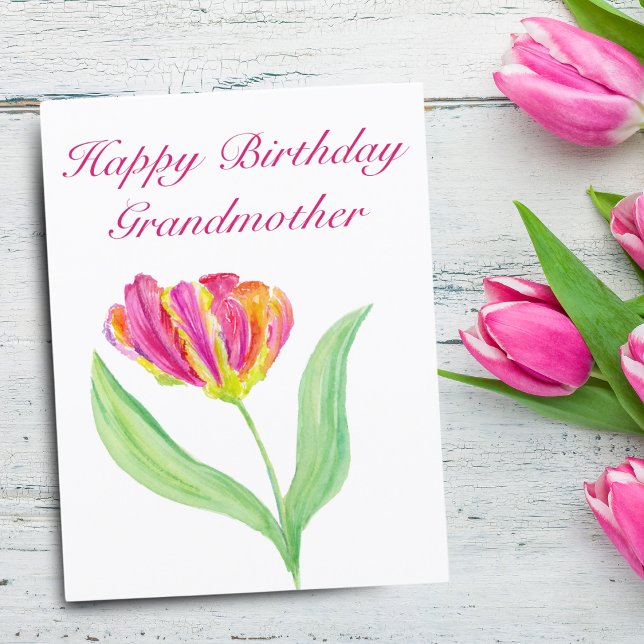 Watercolor Hot Pink Tulip Birthday Grandmother Thank You Card (A hand painted watercolor that will bring a smile to your Grandmother's birthday!)