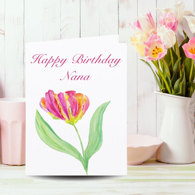 Watercolor Hot Pink Tulip Birthday Nana Card (Nana's joy: Tulip beauty in watercolor. A birthday gift she'll treasure.)